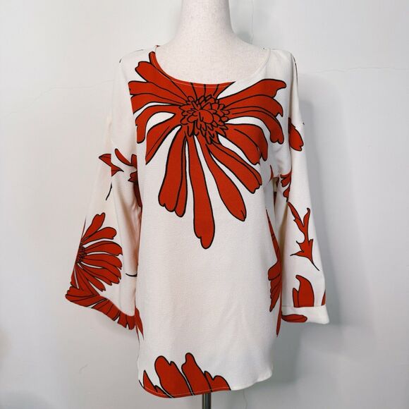 Essentiel Antwerp Womens Top White Textured Silk Floral Bell Sleeves Mod Size 36 - Picture 1 of 14